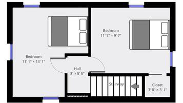 A floor plan of a hotel room layout including two bedrooms, a hall, a stairway, and a closet.