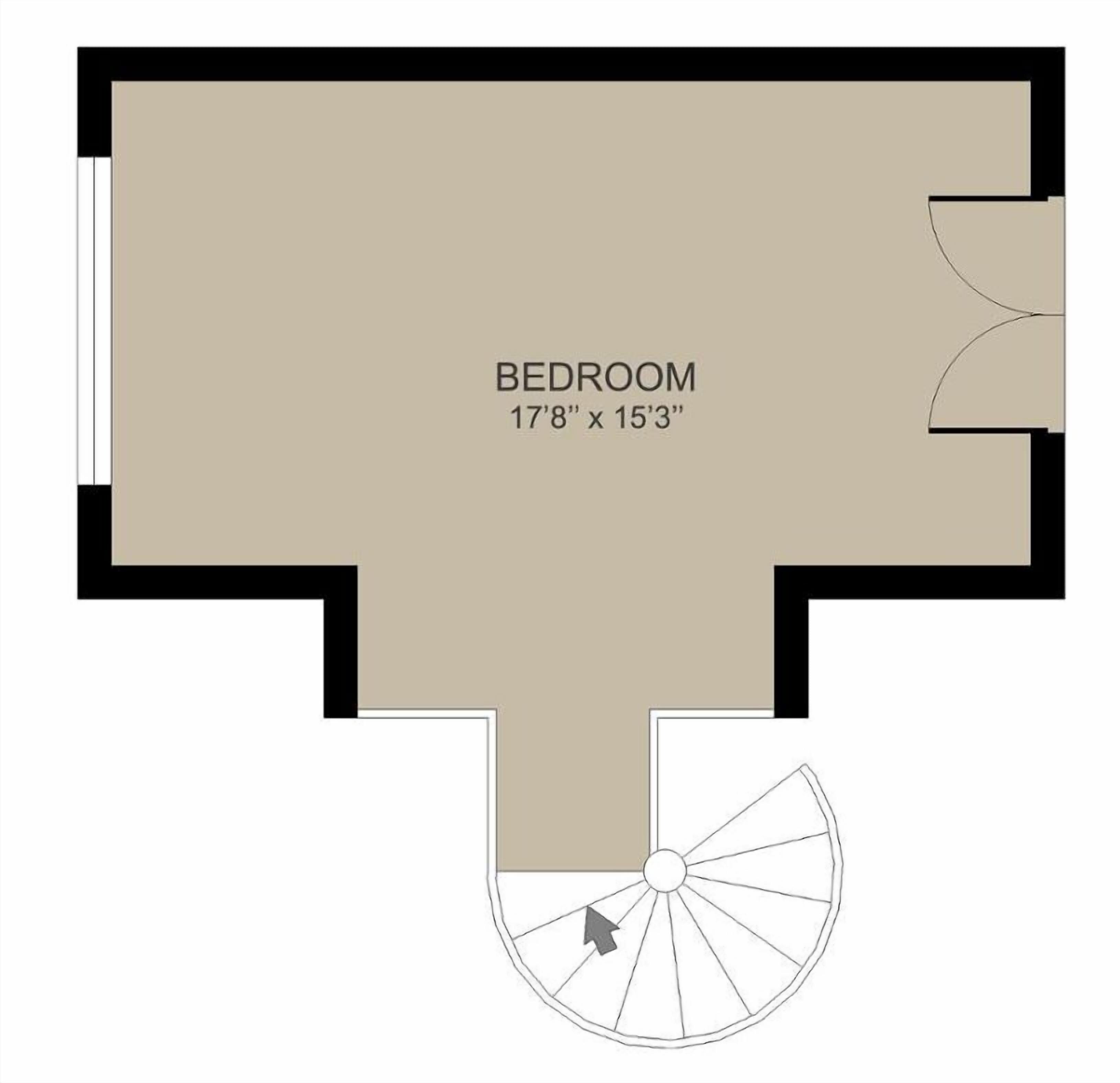 A bedroom layout measuring 17'8" x 15'3" with a circular feature at the bottom.
