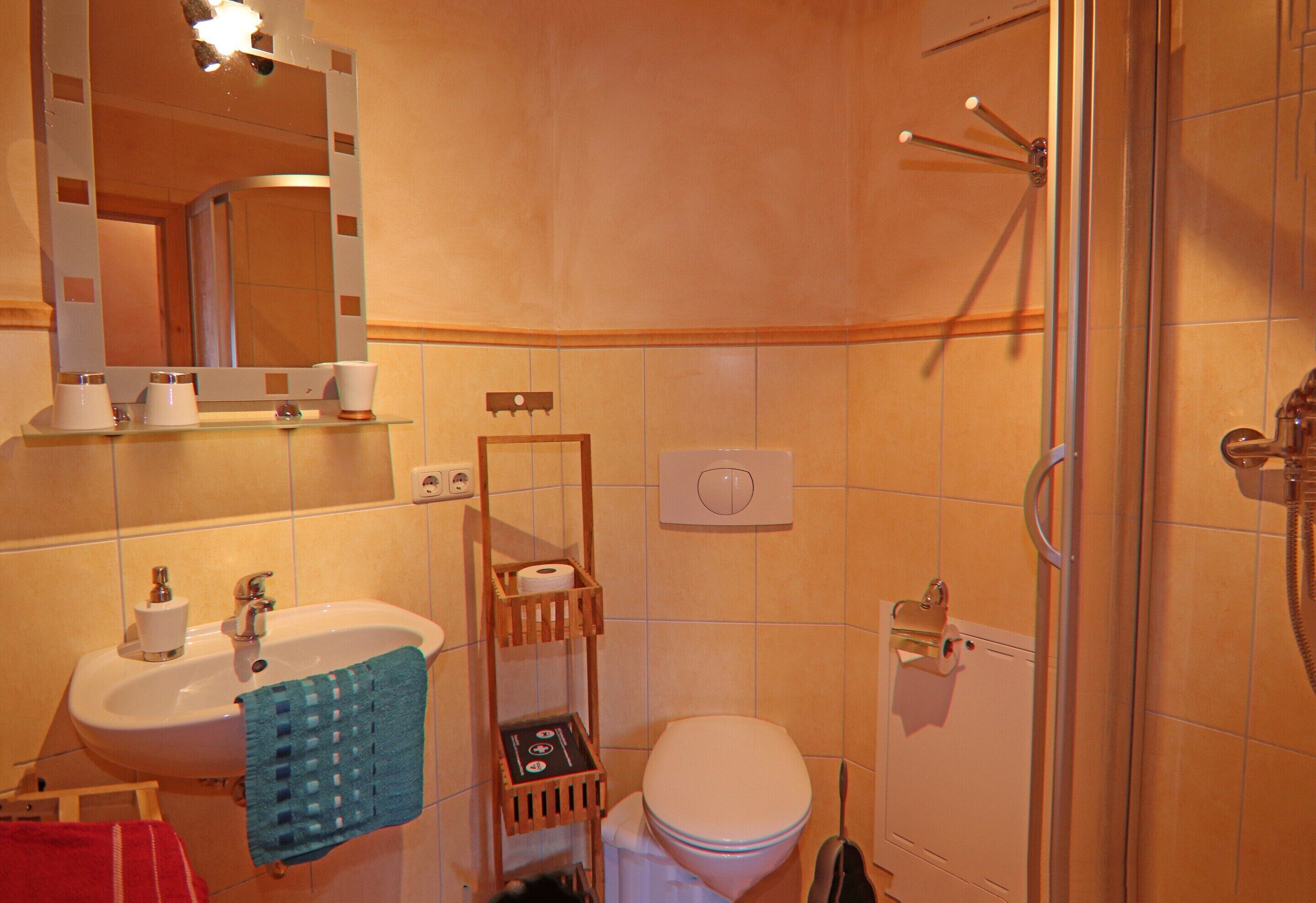 Un baño con lavamanos, espejo, inodoro y ducha.