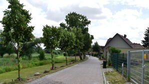 A paved pathway lined with trees and a fenced area with a building. - Einladende Ferienwohnung im Zentrum von Robel (Röbel/Müritz)