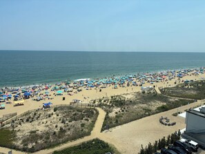 On the beach, sun loungers