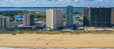On the beach, sun loungers