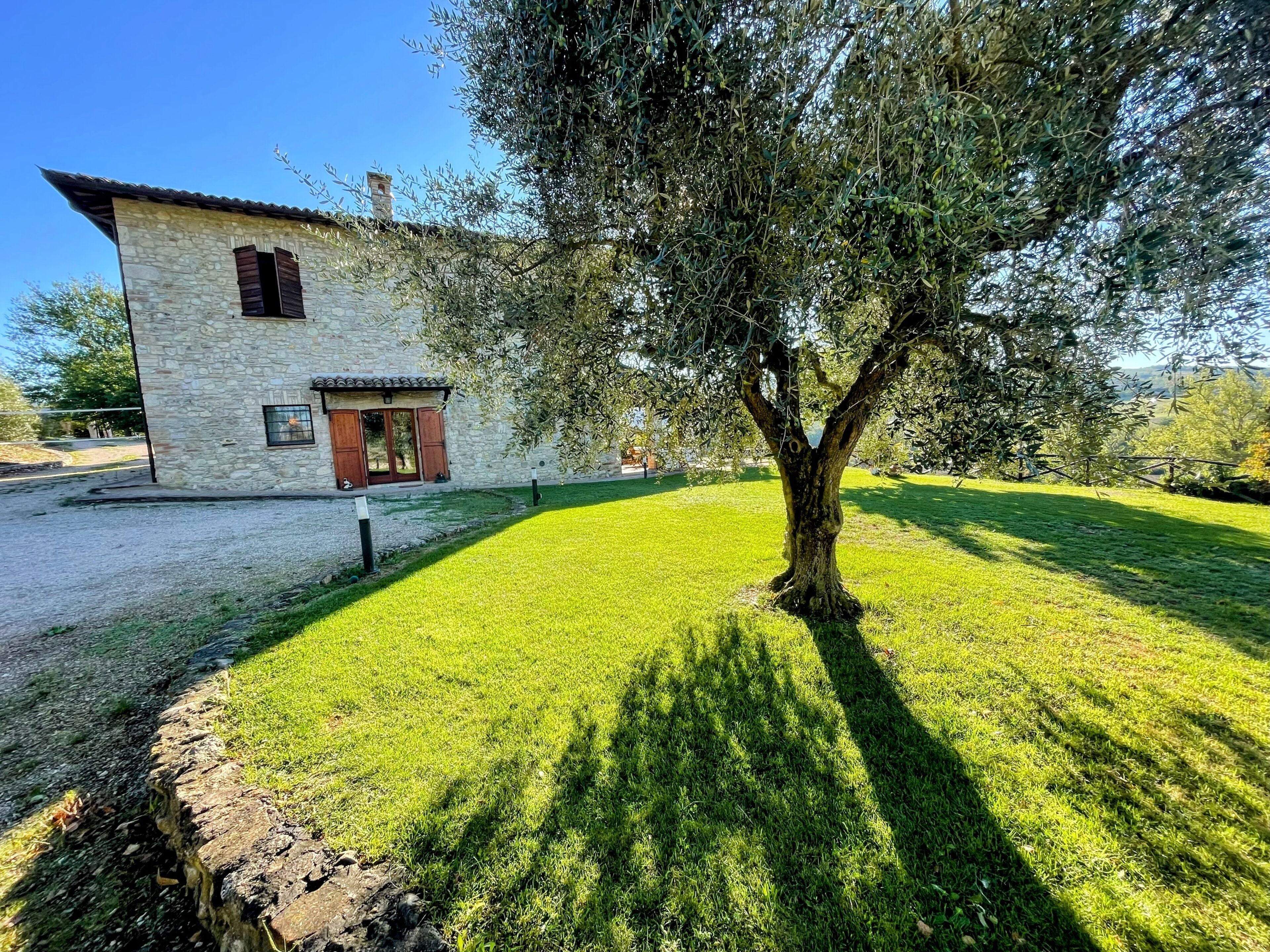 A stone building with a tree in front.