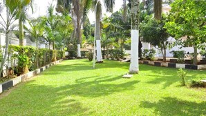 Un jardín bien cuidado con césped, palmeras y una valla blanca.
