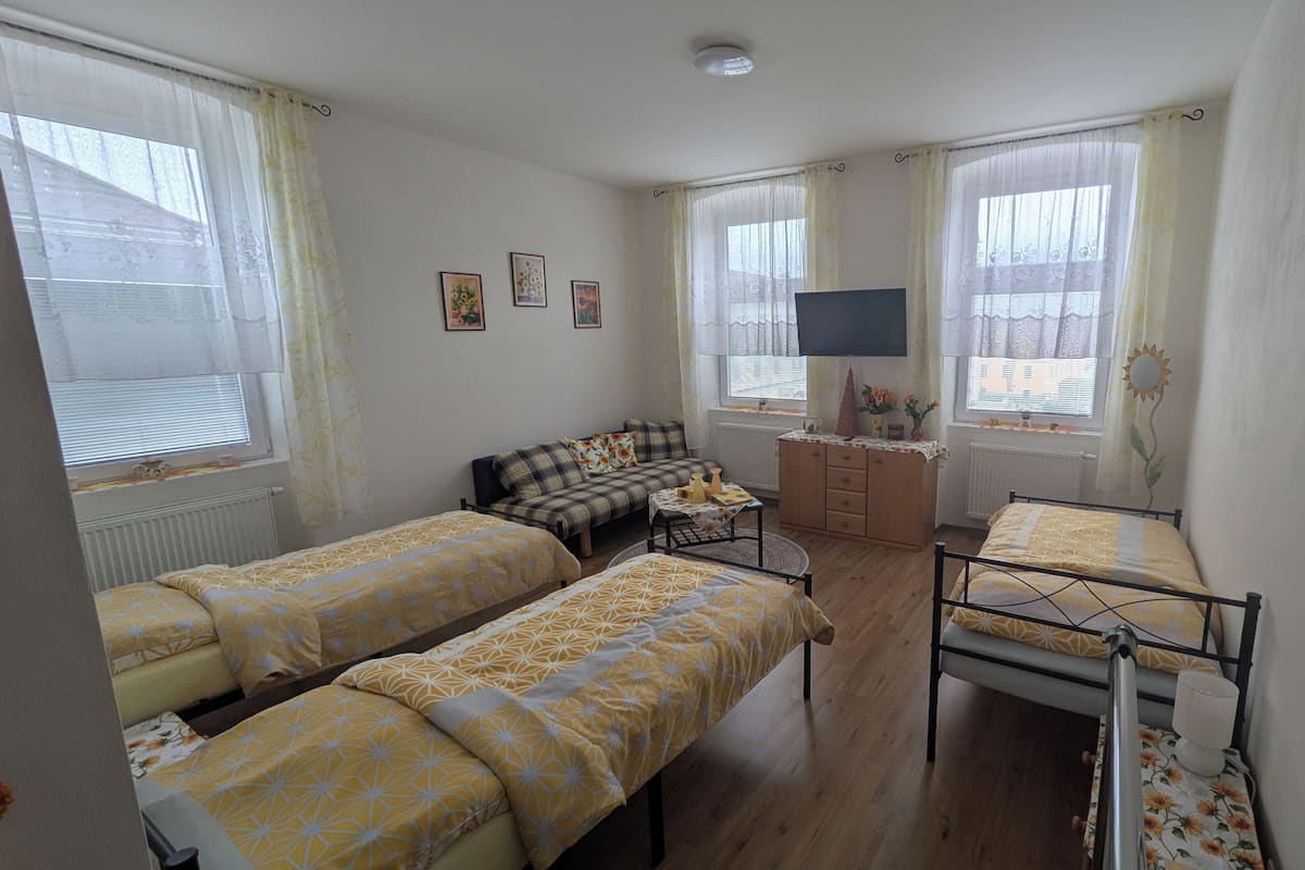 Habitación tipo dormitorio con dos camas individuales, un sofá, un televisor y un escritorio.