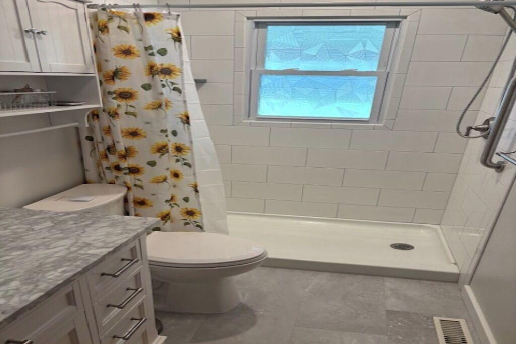 Shower, towels, toilet paper