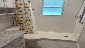 Shower, towels, toilet paper
