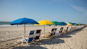 A beach with rows of beach chairs and umbrellas.