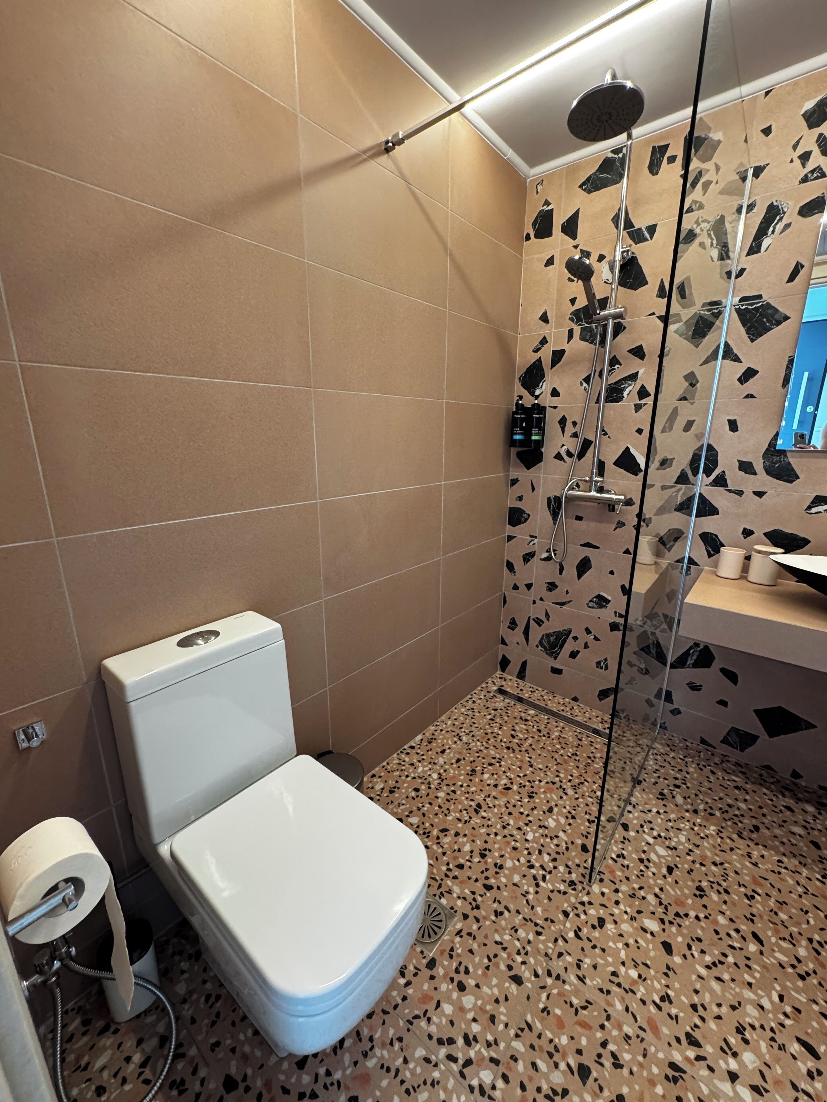 Ein Badezimmer mit Toilette, Dusche und Waschbecken.