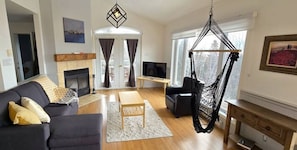 Smart TV, fireplace, foosball