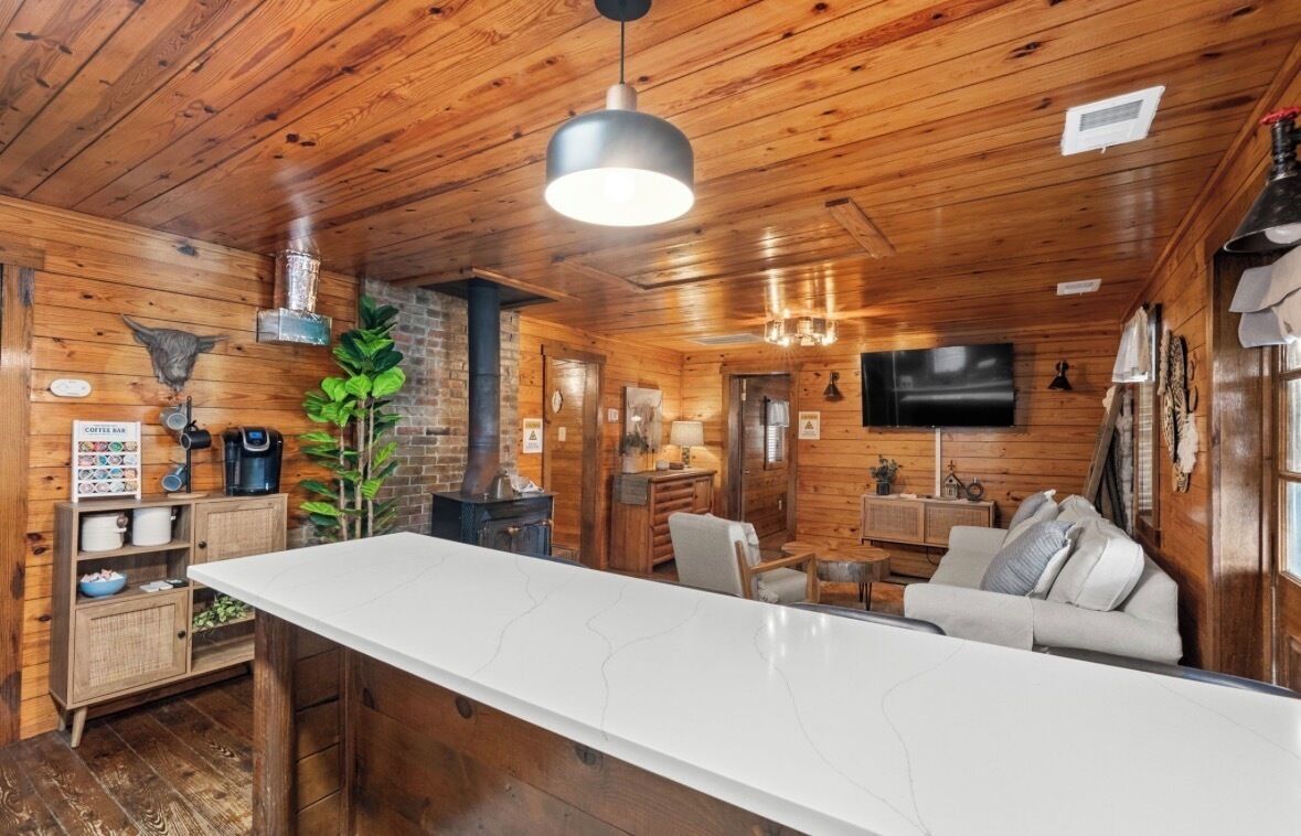 L’intérieur d’une cabane comprend une longue table à manger, un canapé, un téléviseur et une cheminée.