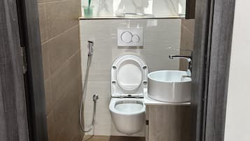 Shower, jetted tub, towels, soap