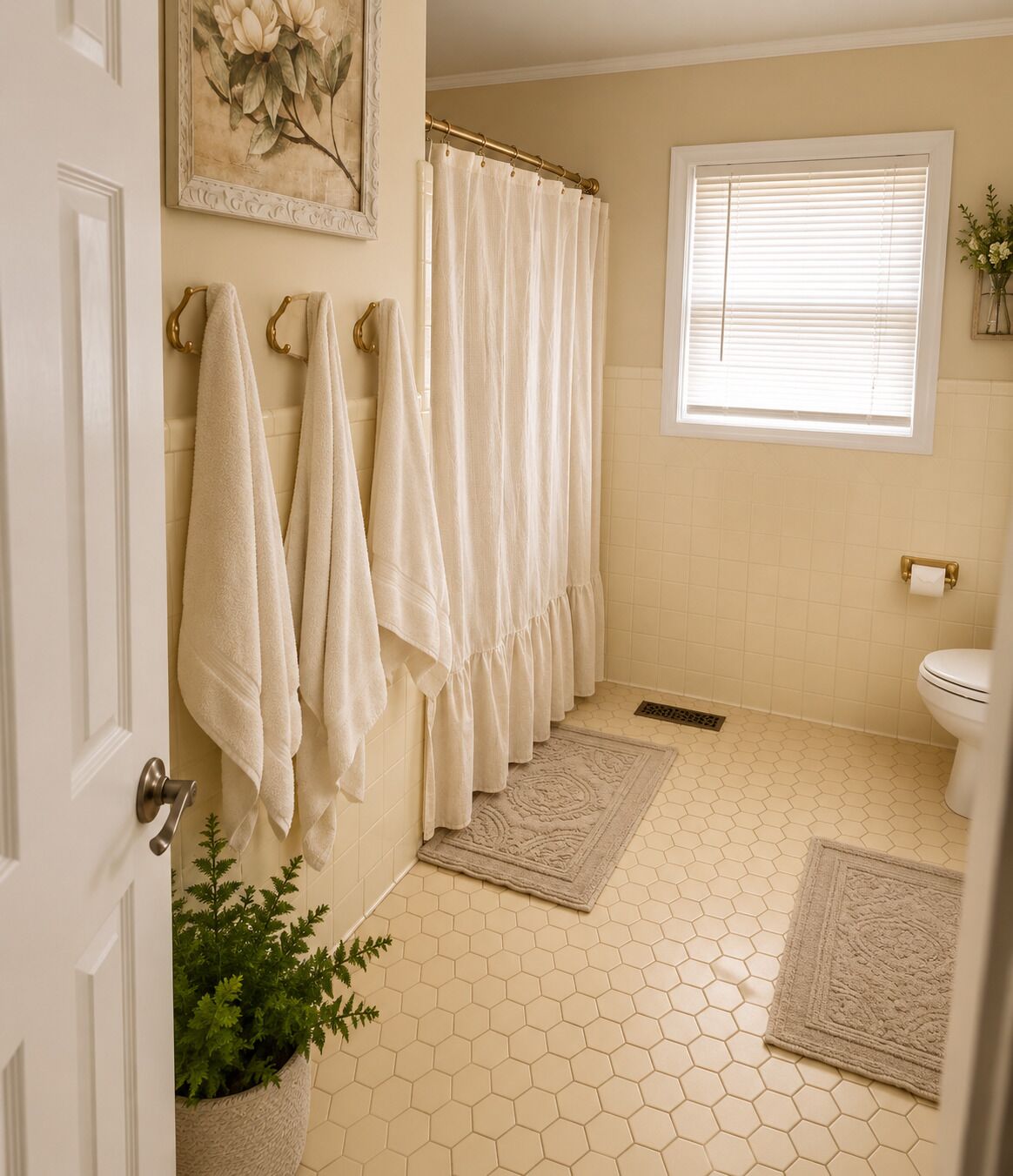 A bathroom with a hexagonal tile floor, a shower with a gold curtain, a toilet, and a window with blinds.