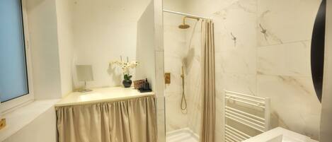 Shower, hair dryer, towels