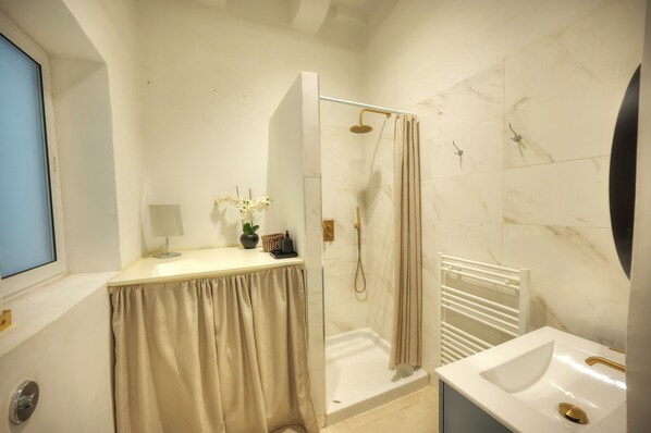 Shower, hair dryer, towels
