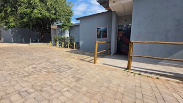Un patio empedrado con la entrada de un edificio que muestra una puerta con un mural de vida silvestre.