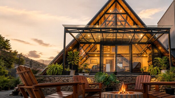 Een modern gebouw met een glazen structuur in driehoeksvorm, terras en een vuurkorf.