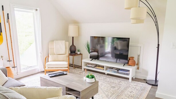 Un salon avec un canapé, une table basse, un téléviseur et une lampe sur pied.