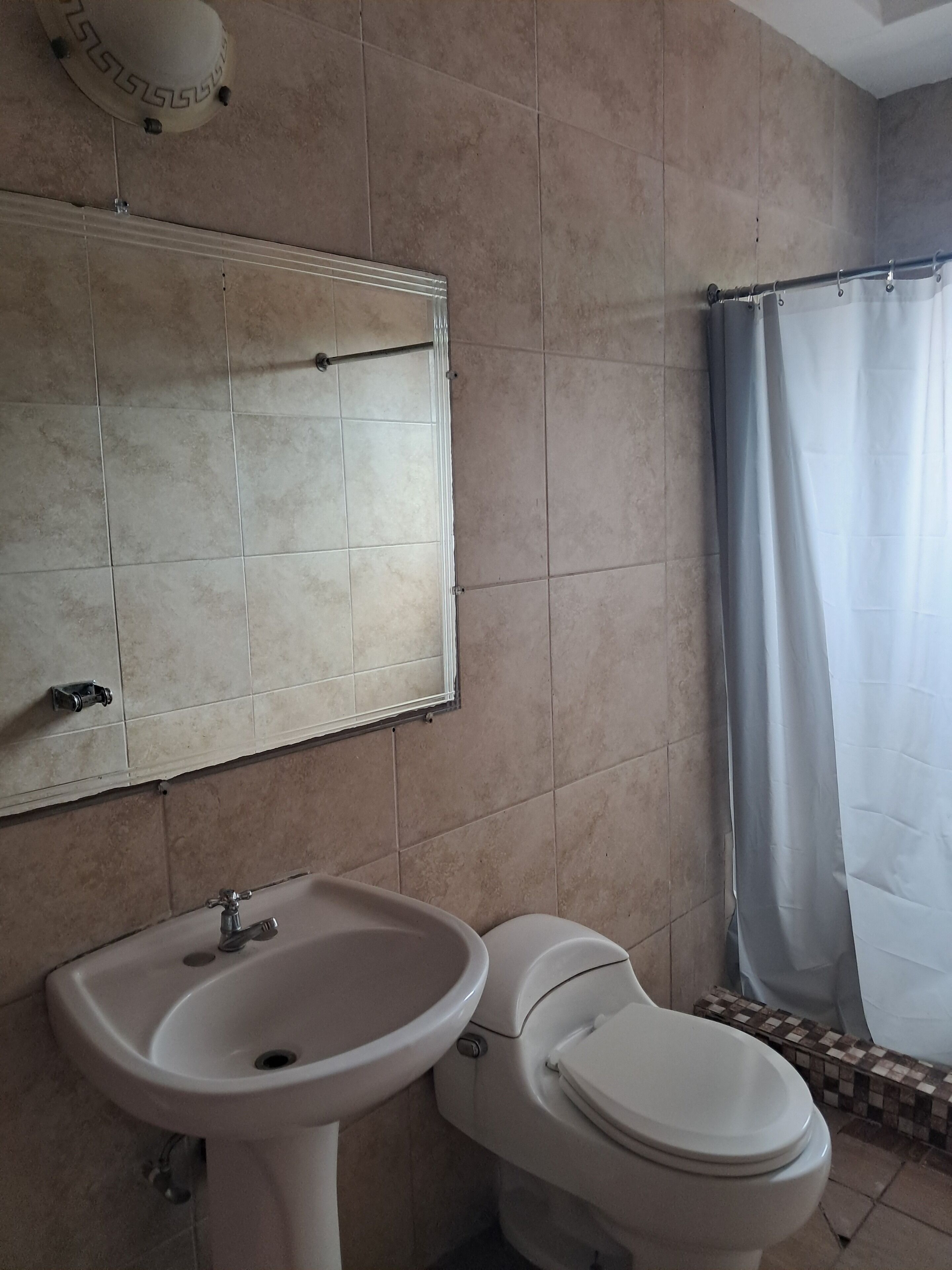 A bathroom with a sink, toilet, and a shower curtain.