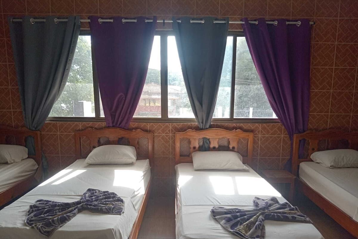 A room with two beds, each with a wooden headboard, white bedding, and a purple curtain.