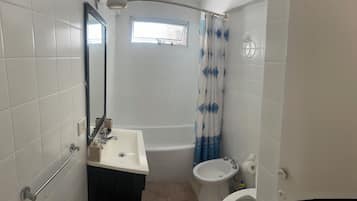 Hair dryer, bidet, towels, soap
