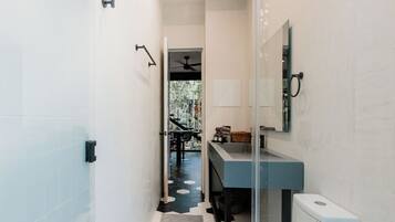 Ein modernes Badezimmer mit Duschkabine aus Glas, einem Waschbecken mit dunkler Arbeitsplatte und einer Toilette.