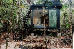 A modern, glass-walled cabin nestled in a forest, with a staircase leading to the entrance and a visible interior with a sofa and a hanging light fixture. - SOTA Human Space Retreat Centre & Wellness Adults Only (Puerto Morelos)