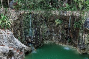 A natural rock formation with a small waterfall and a pool of water at the base. - SOTA Human Space Retreat Centre & Wellness Adults Only (Puerto Morelos)