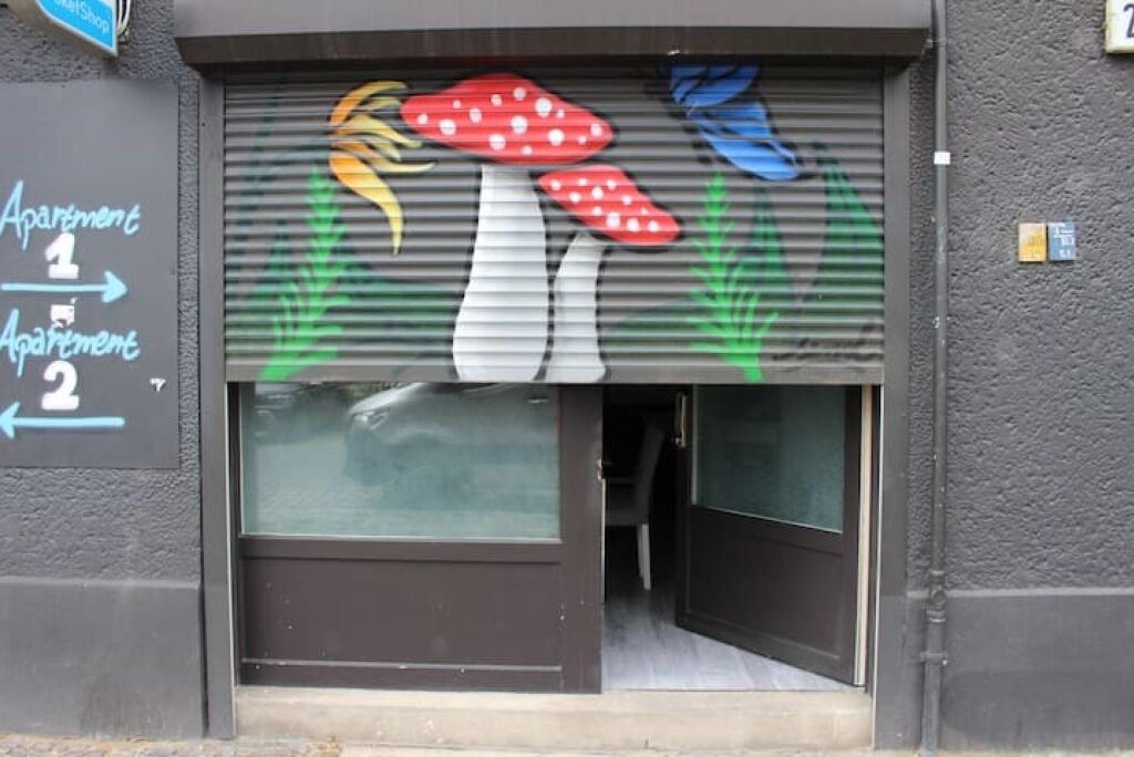 Un edificio de apartamentos con una persiana baja y un mural de hongos en la puerta.