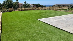A well-maintained lawn with a paved patio area.