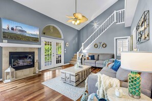 House, Multiple Beds, Balcony (Shore Thing) | Living area | 55-inch flat-screen TV with digital channels, fireplace