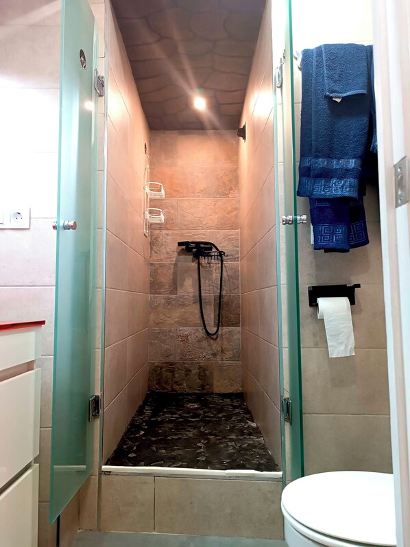 Douche, serviettes fournies, savon, papier toilette