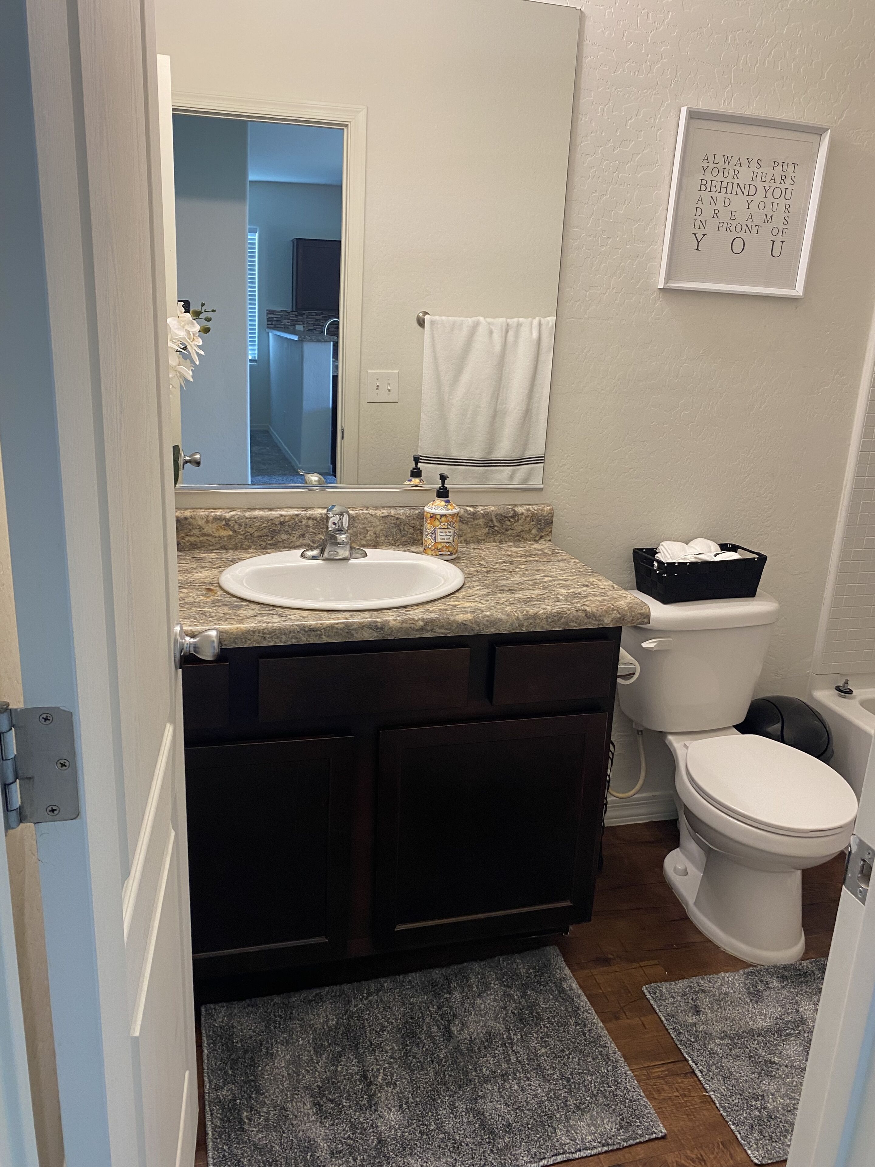 Hair dryer, towels, soap, toilet paper