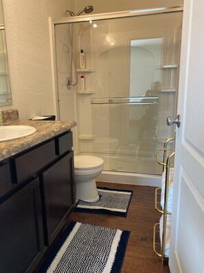 Hair dryer, towels, soap, toilet paper