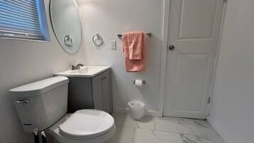 Hair dryer, towels, soap, toilet paper