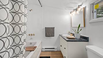 Hair dryer, towels, soap, shampoo