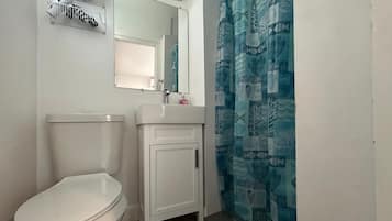 Hair dryer, towels, soap, toilet paper