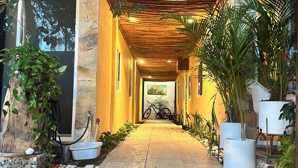 A narrow pathway leading to a building with a wooden pergola overhead.