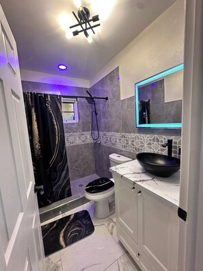 Shower, hair dryer, towels, soap