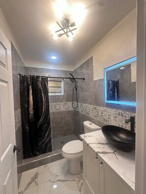 Shower, hair dryer, towels, soap