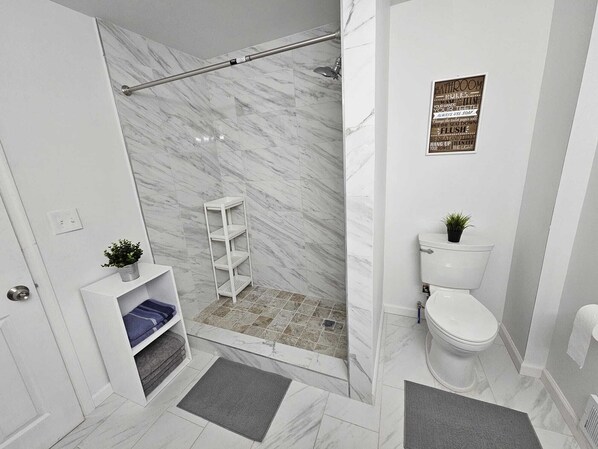 Shower, hair dryer, towels, soap