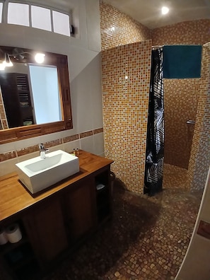 Shower, hair dryer, towels, soap