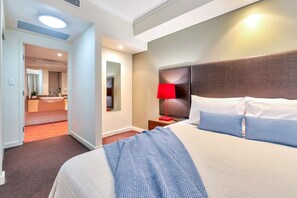 1 bedroom, desk, iron/ironing board, travel cot