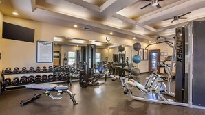 A fitness center with various exercise equipment, including dumbbells, weight machines, and exercise balls. - NEW PRICE-Sedona Summit Resort-9/2/25-9/7/25, 2 Bedrooms, Sleeps 8-Best Location (Sedona)