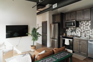 A modern kitchen with stainless steel appliances, a flat-screen TV mounted on the wall, and a potted plant. - Cozy Downtown Troy Studio • Walk Everywhere (Troy)