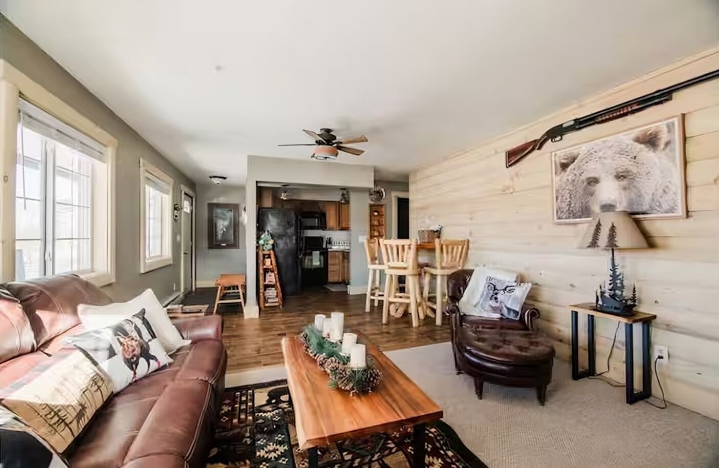 Smart TV, fireplace, books