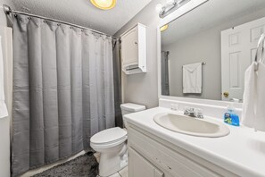Hair dryer, towels, toilet paper