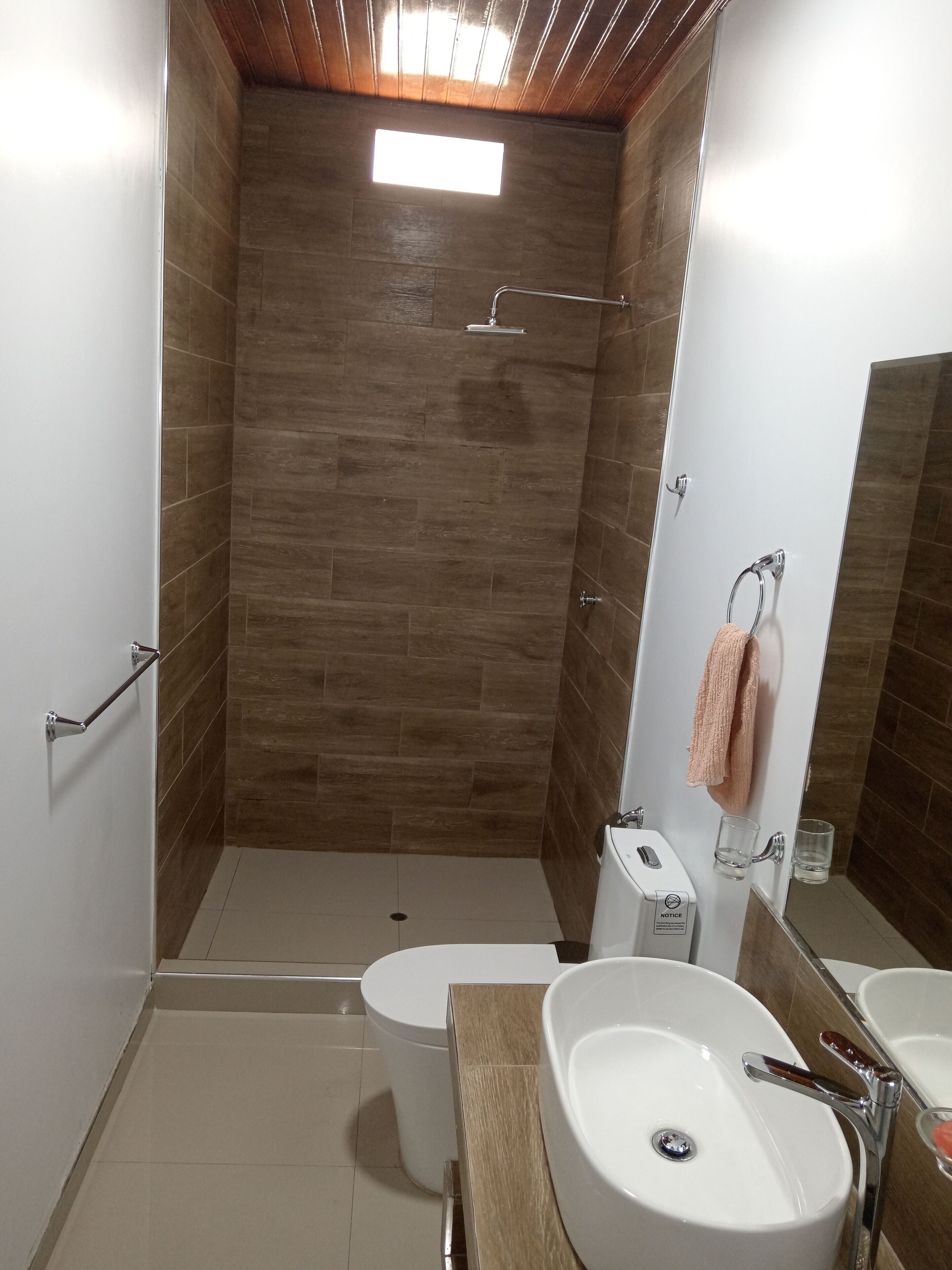 Shower, free toiletries, towels, soap