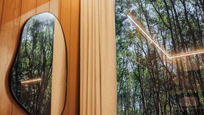 Un espejo refleja un paisaje boscoso, una pared de madera y un cartel con un diseño luminoso geométrico.