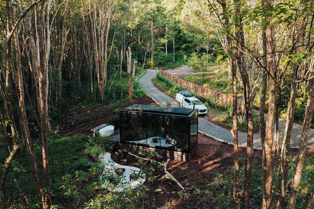 Une maison moderne en verre, située au cœur d’une forêt, et accessible par un chemin pavé.
